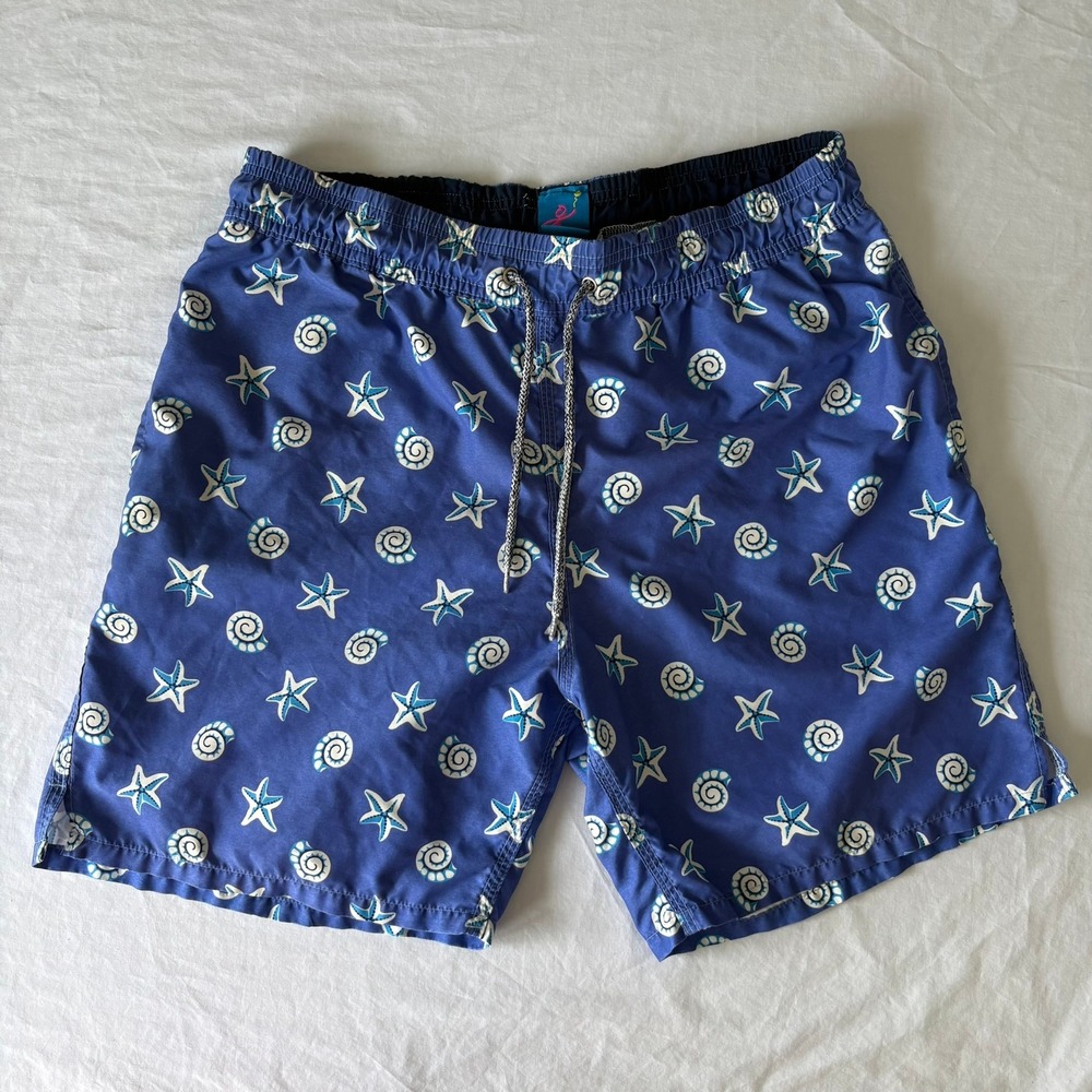 Michaels Swim Trunks Mens Large Blue Starfish Seashell Nautical Board Shorts USA